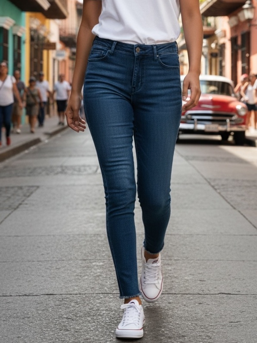 Express Skinny High Rise with Raw Hem Jeans in Dark Blue Wash 8 Regular